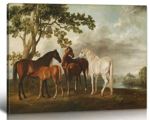 Gerahmtes Pferd-Wandkunst, Bauernhaus-Tierpferd, Wanddekoration, Naturlandschaft, Vintage-Ölgemälde auf Leinwand, Stuten und Fohlen in einer Flusslandschaft, Schlafzimmer, Badezimmer, Dekoration, 30,5