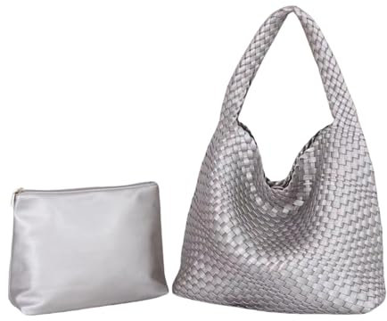 Yuxier Gewebte Tote Handtasche für Frauen - Veganes Leder Stricktasche Große Geldbörse Geflochten, Silber, M