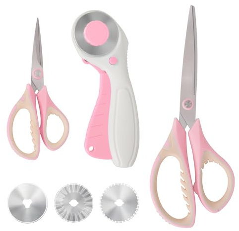 MANUFORE Rosa Schneiderschere Rollschneider Set, mit Mehrzweck-Stoffschere Weichen Griffen 26cm+14cm und 45mm Rollschneider mit drei Ersatz-Rundklingen für Stoff, Papier, Leder