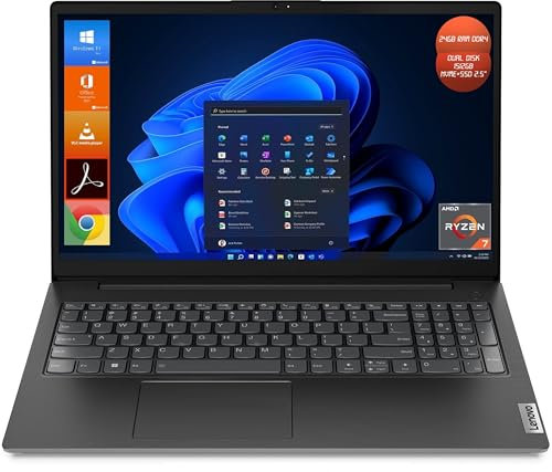 Lenovo Notebook V15, Display Laptop 15.6 Full HD, CPU Ryzen 7 5000 Series, 24GB Ram DDR4-3200MHz, Dual Disk 1512GB NVMe+SSD 2,5, Windows 11 Pro, Office 2021 Pro Plus – Pc Portatile Pronto All’Uso