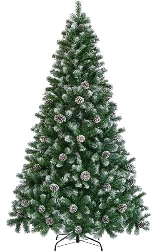 Yaheetech Albero di Natale 183 cm Artificiale Innevato con Pigne Effetto Realistico con Supporto in Metallo Pieghevole Automatica Bianco Decorazioni Abete Verde con Neve