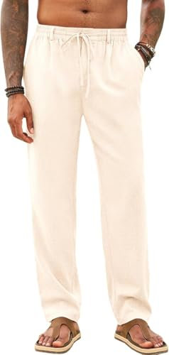 Runcati Herren Hose Lang Bügelleicht Freizeithose Männer Leicht Sommerhose Strand Yogahose mit Taschen Elastischer Bund, Hells Khaki, S