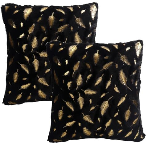 HSTWODE 1 Satz 2 Stück/4 Stück Plüsch Bronzierende Feder Kissenbezüge,7 Farben verfügbar,43x43 cm Dekokissen Sofakissen, für Sofa, Sessel, Zuhause, (Schwarze Federn,2 Stück 43cm×43cm)