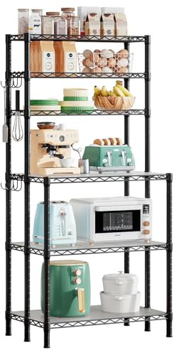 KZOBYD 6-Tier Kitchen Baker's Rack, Microwave Oven Stand with 6 Adjustable Storage Shelves, Metal Kitchen Utility Shelves Unit, Industrial Coffee Bar Station, S Hooks & Shelf Liners, 70 x 40 x 154 cm