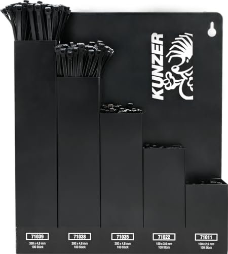 Kunzer 7KBS500 Kabelbindersortiment 500 Stück mit Wandhalter aus Stahl schwarz lackiert - 5 Längen 10, 15, 20, 30, 36 cm