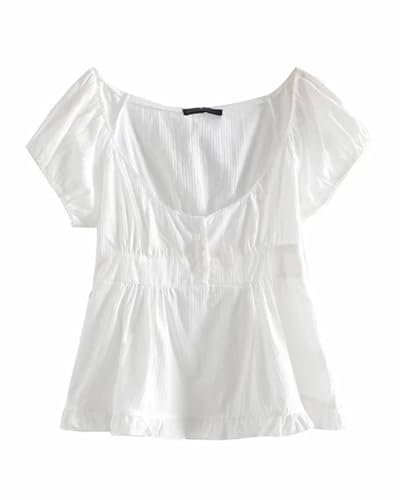 Women Y2K Babydoll Top - Lace Crop Top Puff Sleeve Shirt Square Neck Tee Slim Fit Vintage Fairy Brandy Melville Blouse Shirt (White, M)