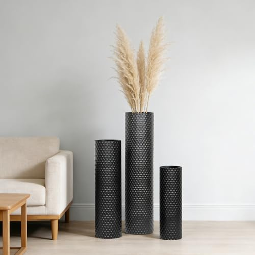 Bodenvase Groß Vase Schwarz Metallvase, 70/55/40 cm Hohe Bodenvasen Set | Elegante Deko Vase Set of 3 Modernen Waben Textur Big Matt Vase für Wohnzimmer Esszimmer Schlafzimmer Home Büro