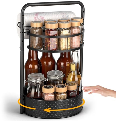 Romon Étagère à épices rotative à 360°, Tourniquet a Epices étages Ajustable Polyvalent Avec Organisateur Placard Cuisine, Porte-Essuie-Tout et Plateau Tournant, pour Bouteilles Hautes et Basses, Noir
