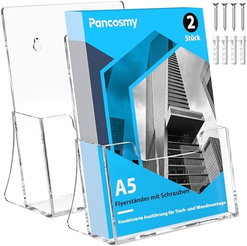 Pancosmy Acryl Prospektständer Tisch und Wandhalterung DIN A5 Flyer Stand 2 Stück Flyerständer mit Schraube, Transparenter Freistehende Prospekthalter für Counter Büro Restaurant Rezeption