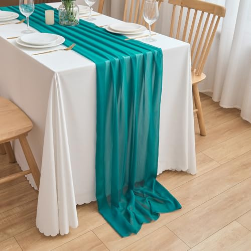 CHUQING Chiffon Tischläufer Hochzeit Tischdeko Stoff Tischdecke Pfauenblau | Chiffon Tischläufer 70 cm breit und 3 m lang für Hochzeit, Tischdeko und festliche Tafeln