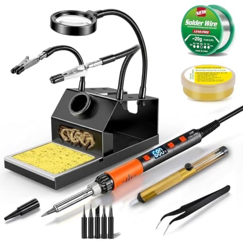 100W Soldering Iron Kit, Heavy-Duty Non-Slip Stand, 180-500°C, Auto Sleep | Helping Hands ＆ Magnifier, Fast Heating, Adjustable Temperature, LED Display, Lead-Free Solder Wire