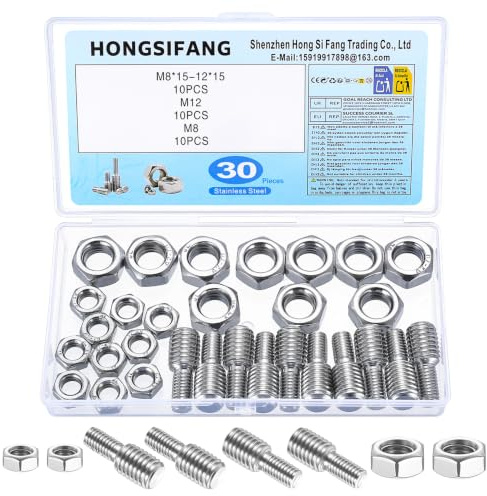 10 Pz Vite di Riduzione Adattatori, M8x15mm a M12x15mm Viti Filettati a Doppia Estremità, Perni Vite Filettati Adattatore Bullone in Acciaio Inox, Viti di Conversione con 10 Dadi M8, 10 Dadi M12