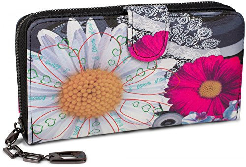 styleBREAKER Damen Geldbörse mit Buntem Blumen Blüten Mandala Muster, Ethno Style, Reißverschluss, Portemonnaie 02040040, Farbe:Schwarz-Weiß-Pink