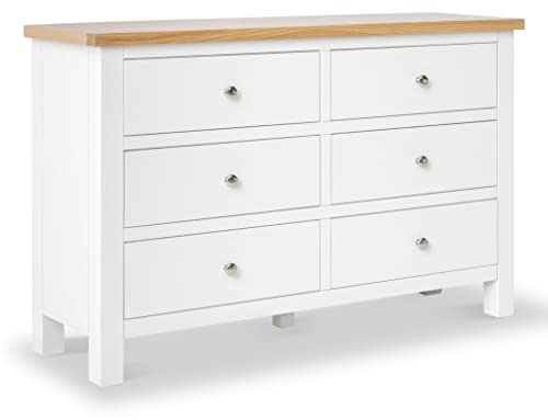 RoselandFurniture Farro White Large 6 Drawer Chest of Drawers for Bedroom | Fully Assembled, Painted Wooden Storage Dresser with Oak Top, Contemporary Style, H78cm W120cm D36cm
