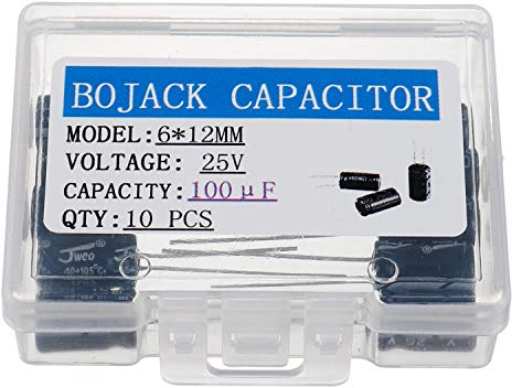 BOJACK 100uF 25V 6X12mm Capacitors 100 MFD 25 Volt 0.24x0.47 Inch ±20% Aluminum Electrolytic Capacitors(Pack of 10 Pcs)