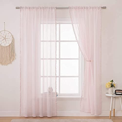 MIULEE Rideau Voilage Rose avec Boule Peluche, Decoration Rideau Chambre Fille Salon Lot de 2 (2X L140 x H145 cm), Voilages Fenetre Intérieurs Passe Tringl, Rideaux Court à Pompons Chambre
