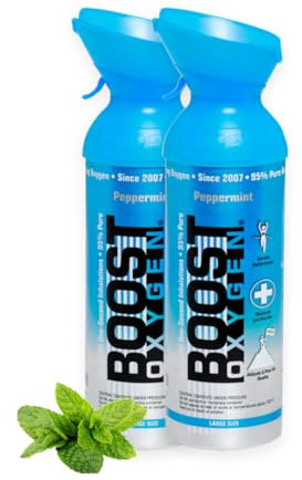 Boost Oxygen - Botella de Oxígeno Portátil - Lata de Oxigeno 95% Puro y Natural - Concentración, Recuperación, Energía, Estado de Ánimo, Grande - 18L, 2x9L (2x Envases - 300 Inhalaciones) - Menta