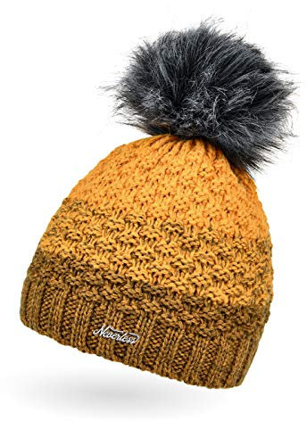 Neverless® Damen Strick-Mütze gefüttert Fleece-Innenfutter Fell-Bommel Kunstfell Winter-Mütze Bommelmütze Grobstrick Mehrfarbig dunkelgelb-gelb