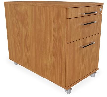 goodsforbusiness GmbH Rollcontainer Schublade + Hängeregistratur + Materialauzug H65 x B43 x T80 cm Buche | Schreibtischcontainer abschließbar | Schubladenschrank aus hauseigener Fertigung