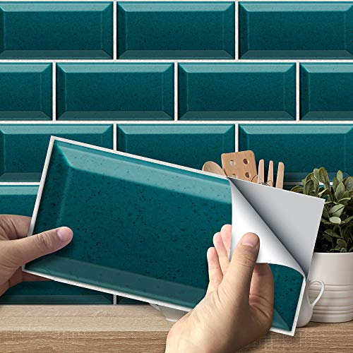 funlife 20X10cm 27Pcs Peel and Stick Transfers Sticker On Tiles, Self-Adhesive Water-Resistant PVC Tile Decals Backsplash for Home Kitchen Decor, Turquoise Terrazzo