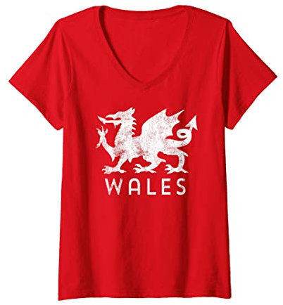 Damen Rugby Welsh Tshirt Red Dragon Flag of Wales T-Shirt mit V-Ausschnitt