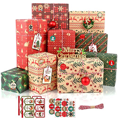 MAMUNU Weihnachten Geschenkpapier Set, 12 Blatt Geschenkpapier mit Geschenkanhänger Packseil und Aufkleber, Kraftpapier Weihnachtspapier Geschenkverpackung Papier für Weihnachten, 50 x 70 CM