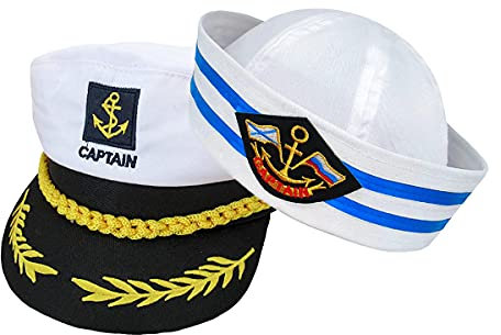 AKOFIC 2 Stück Kapitänsmütze Matrosenmütze, Verstellbar Kapitän Mütze Herren Matrosen Kostüm Accessoires, Damen Männer Partyhut Erwachsene Marine Seemann Hut für Karneval Mottoparty Partys Cosplay