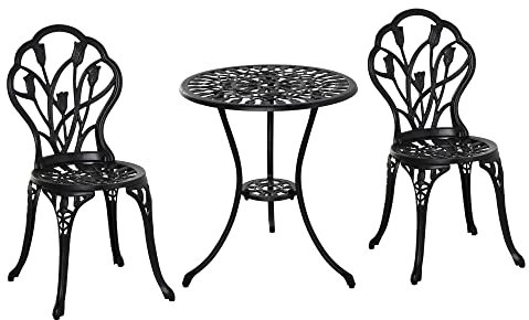 Outsunny Ensemble Salon de Jardin 2 Places 2 chaises + Table Ronde Fonte d'aluminium Imitation Fer forgé Noir