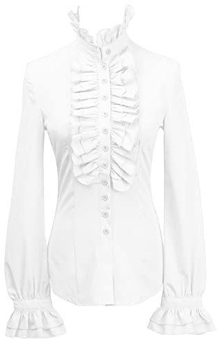 YILEEGOO Women Vintage Victorian Button Down Shirts Stand Collar Frilly Ruffle Gothic Blouses Retro Flared Sleeve Tops (White, XL)