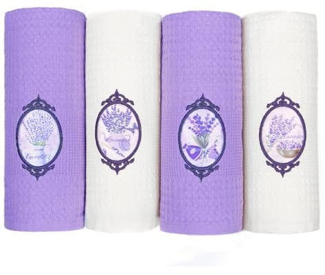 Lavien Home, Dekorative Lavendel-Geschirrtücher, Einweihungsgeschenk, türkische Baumwolle, Waffelgewebe (Set mit 4 Stück), Geschirrtücher, Mehrzweck, ultraweich, saugfähig, 40,6 x 61 cm