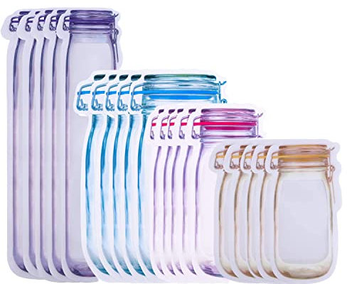 20-Piece Reusable Mason Jar Zipper Bags, Airtight and Leakproof Food Storage Bags for Snacks, Spices, Nuts, and Candy, 4 Sizes for Kitchen Use