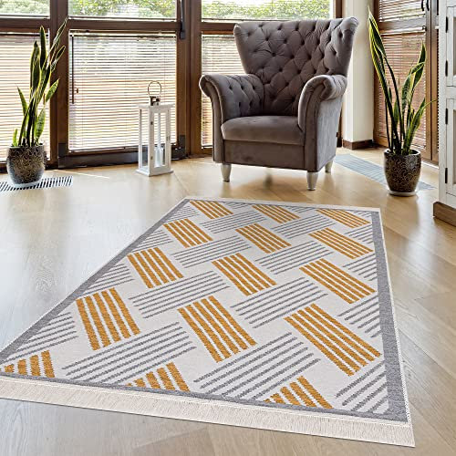 Pasha Home Läufer 160x230 cm Roma/Boho Teppich Aus Baumwolle für Wohnzimmer, Schlafzimmer, Küche, Bad, Kinderzimmer/Wendbar/Navy Grau-Senfgelb