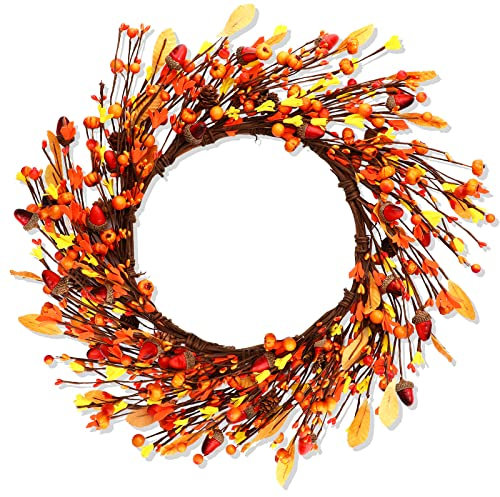 45.7 cm Herbstkranz, Beeren, Samen, Mini-Tannenzapfen, Kranz, künstliche Ernte, Beerenkranz mit Kürbissen, Blume, großer Herbstkranz, Bauernhaus, Heim, hängende Wanddekoration