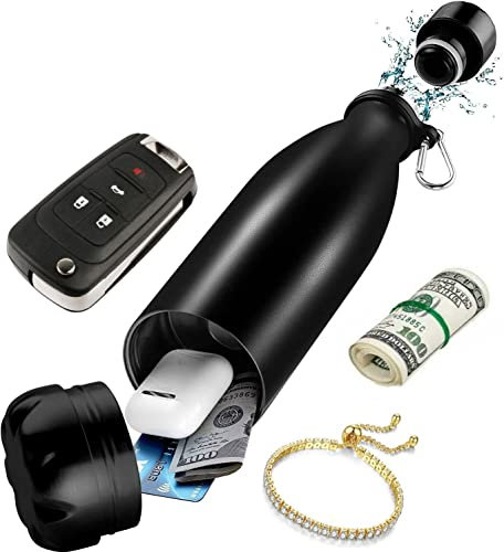 Diversion Safe Wasserflasche – Schwarze Edelstahlflasche mit verstecktem Fach für Karten, Schlüssel, Bargeld und Wertsachen – Isolierflasche für heiße und kalte Getränke – 530 ml