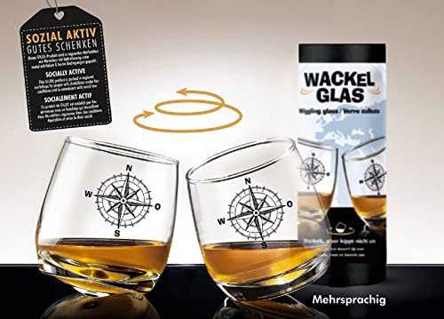 GILDE - 44360-2er Set Wackelglas Global, Kompassrose, 2 Gläser in einer Zylinderbox mit Banderole, Glas: H 8,5cm D 7,5cm Füllmenge ca. 200ml, spülmaschinenfest