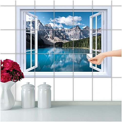 FoLIESEN Fliesenaufkleber - Deko-Bild für Bad, Küche, Badezimmer - Dekoration Fliesen-Bild selbstklebend - Bergsee, Fliese - Bild (BxH):20x25 cm - 100x75 cm / 15-tlg.