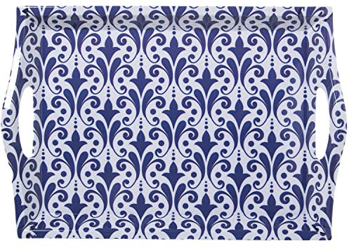DRW Bandeja Rectangular de melamina con Asas Decorada en arabesco Azul y Blanco 5x31x44 cm