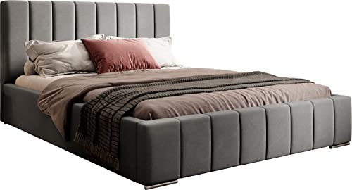 WFL GROUP Samtstoff Polsterbett Doppelbett Komplett 140x200 160x200 180x200 cm Bettgestell Mit Bettkasten Lattenrost und Kopfteil - Hydrophobe Stoff - Grau - MV 2217-160 x 200 cm