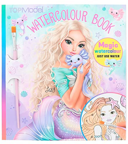 Depesche 12479 TOPModel Mermaid - Watercolour Book, Malbuch inkl. Pinsel und 15 Unterwasser-Motiven zum Bemalen mit Wasser