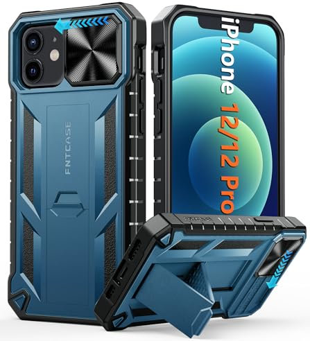 FNTCASE for iPhone 12 Phone Case: Rugged Military Grade Full Protection Shockproof Protective Case with Kickstand | TPU Matte Textured Heavy Duty Hard Bumper Phone Cover for iPhone 12/12 Pro Blue
