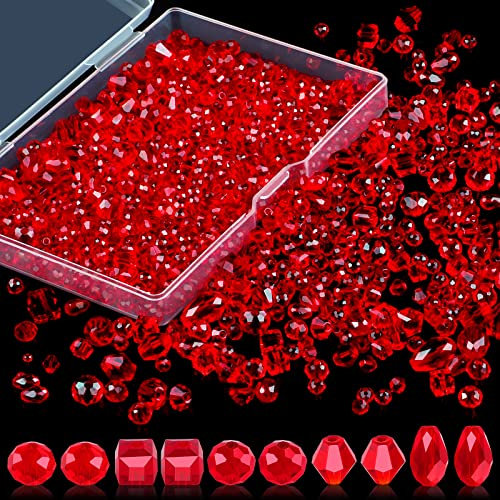 Perlen Zum Auffädeln, 600 Stück Facettierte Glasperlen Glitzerperlen, Perlen für Armbänder für Basteln Schmuckherstellung, DIY Halsketten, Armbänder, Ohrringe (4/6/8 mm, Rot)