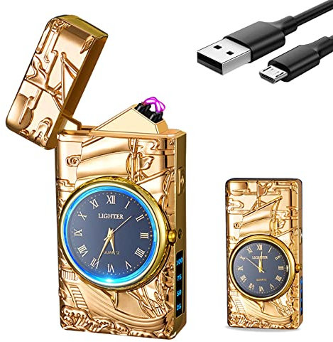 GADATOP Plasma-Feuerzeug Elektrisches Feuerzeug Lichtbogenfeuerzeug USB winddichtes Feuerzeug Metall Feuerzeug sturmfeuerzeug Segelboot feuerzeug personalisiert mit Zifferblatt und LED Licht (Gold)