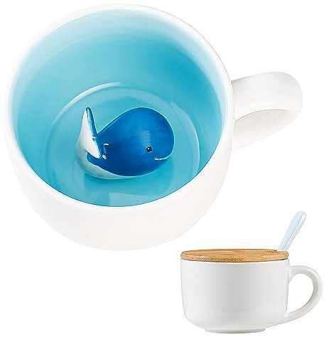 BigNoseDeer Tasse mit 3D-Keramikwal im Inneren, Kawaii-Blauwal-Kaffeetasse mit Deckel und Löffel, Teetasse, niedliches Geschenk zum Geburtstag, 400 ml