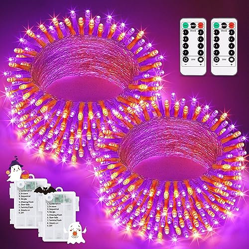 JMEXSUSS 2 Pack Orange Purple Battery Operated Halloween Lights, Each 33ft 100 LED Battery Powered String Lights with Remote Outdoor Indoor