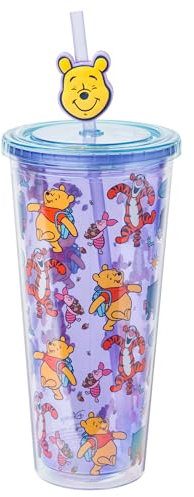 Silver Buffalo Disney Winnie the Pooh Best Adventures Featuring Tigger, Piglet, and Eeyore Plastic Cold Cup with Lid and Topper Straw, 24 Ounces