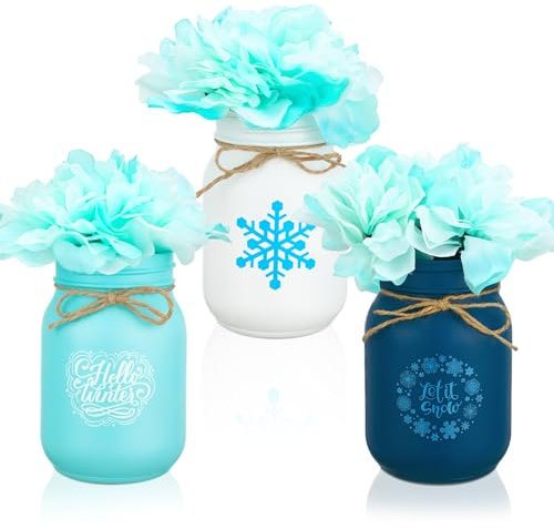Ziliny 3 Set Winter Dining Table Centerpiece Decor Home Farmhouse Mason Jar Decor Set 3 Snowflake Mason Jars for Flowers Decorative Jars 3 Bundle Blue Artificial Flower for Holiday Kitchen Decoration