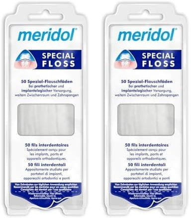 meridol Zahnseide Special Floss, 1 x 50 Stück - zur Reinigung weiter Zahnzwischenräume, geeignet für Träger von Brücken, Kronen und Implantaten (Packung mit 2)