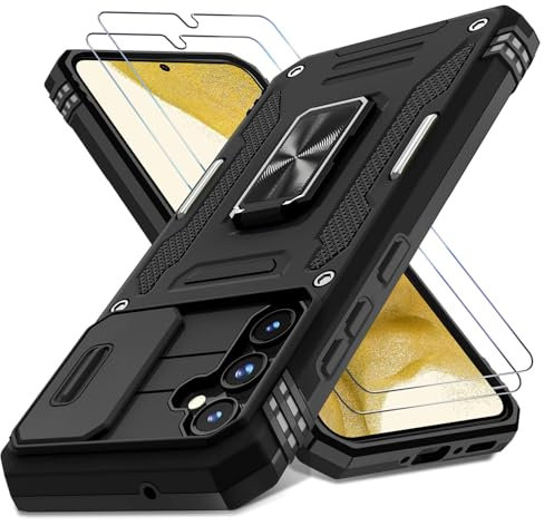 Handyhülle für Samsung Galaxy S24 5G Hülle, mit Slide Camera, mit Kameraschutz [mit 2X Panzerfolie] für Samsung Galaxy S24 Schutzhülle 360° Drehbarer Metall Ring Ständer Stoßfest für Samsung S24 Case