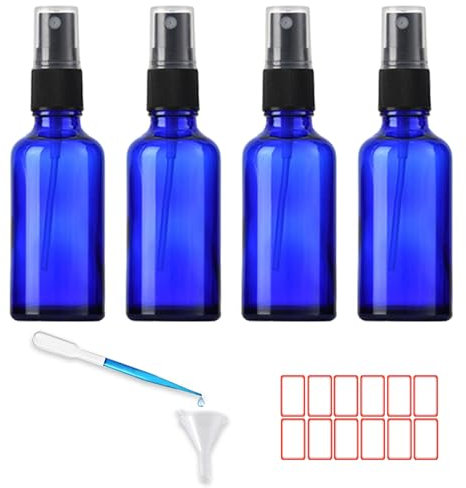ToKinCen 4x50ml Sprühflasche Klein Glas, Glasflasche Blau Leere Zerstäuber Feinnebel Apotheker Flasche