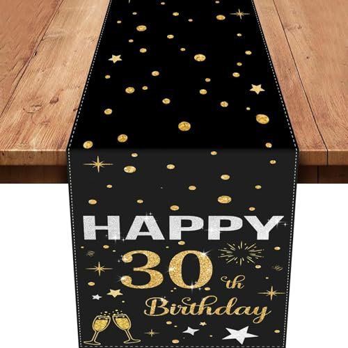 30.Tischläufer Geburtstag,Schwarz Gold Tischdeko 30 Geburtstag Happy Birthday Tischläufer Tischdecke für 30 Geburtstag Party Dekoration 180 x 35cm